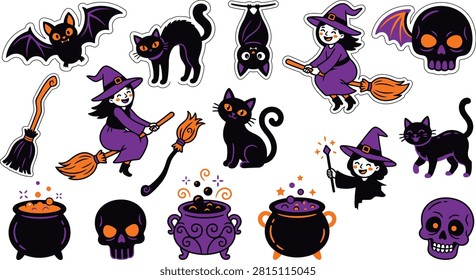 Halloween elements collection with witches cats and cauldrons halloween cauldron collection celebration seasonal character trickortreat whimsical mysterious