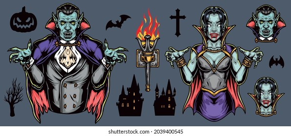 Halloween elements colorful concept with male and female vampires haunted houses medieval torch in holder dry tree bats cross pumpkin silhouettes isolated vector illustration