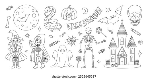 Dibujo de Elementos de Halloween para colorear. Niños disfrazados, castillo de miedo, fantasma, esqueleto, cráneo, murciélago, serpiente, calabaza, luna y dulces. Conjunto de contorno de feliz Halloween. Libro para colorear para imprimir