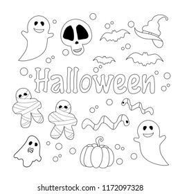 Halloween elements coloring set for adult and kids.Hand drawn.Vector illustration.Doodle style.