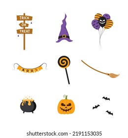 Halloween elements. Cute hand drawn icons for celebrating spooky night. Happy holiday signs. Vector illustration in flat cartoon style.