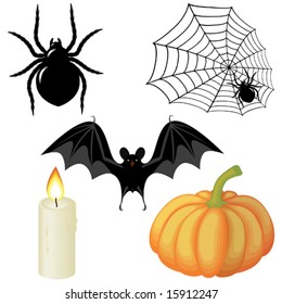 Halloween elements for  decorating a spider, a web, a candle, a pumpkin, a bat