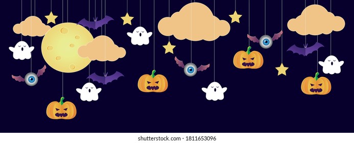 Halloween elements decoration hang from the top on purple background for invitation or banner