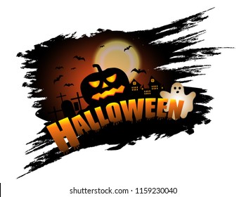 Halloween elements design for poster or banner with pumpkin and ghost. Background with castle, cemetery and bats. Vector illustration.