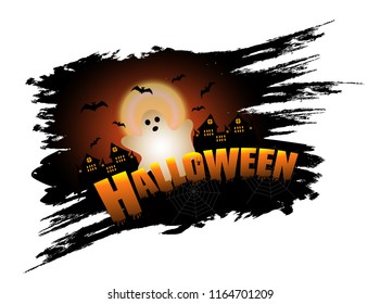 Halloween elements design for poster or banner with ghost. Background with castle and bats. Vector illustration.