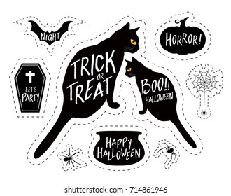 Halloween elements design, silhouettes style. Black cats, Pumpkin, Bat, Coffin, Spider and Witch's boiler. Happy Halloween day. Trick or treat. Illustration isolated on white background.