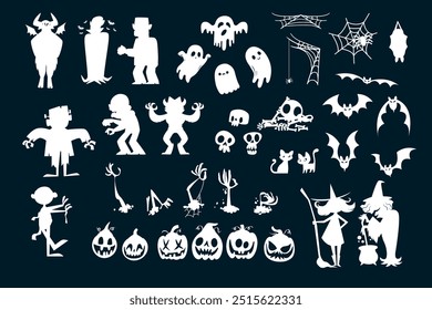 Halloween elements designs collection. cartoon decoration elements. creepy and horror evil fun. ghost graphics for Halloween posts. pumpkin silhouette. skull and spider sticker. vector symbols
