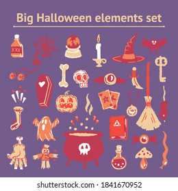 Halloween Elements Doodle Set of Hand Drawing Magic Elements. Witch hat, Bat, Skull, Candle, Pumpkin, Magic ball, Playing Cards, Ghost, Snake, Mushroom, Poison, Knife, Spider, Eye, Bone, Spellbook