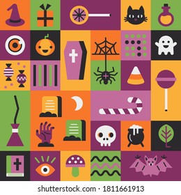 Halloween elements flat set. Vector  collection with pumpkin, spider, cat, skull, candy, ghost. Seamless pattern.
