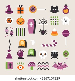 Halloween elements flat set. Vector  collection with pumpkin, spider, cat, skull, candy, ghost, bat, mushroom, hat. 