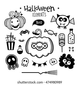 Halloween elements with a fun pumpkin, bat, skull, cast, potion, drug, candy, spider, witch's broom, flags, symbols of funeral.