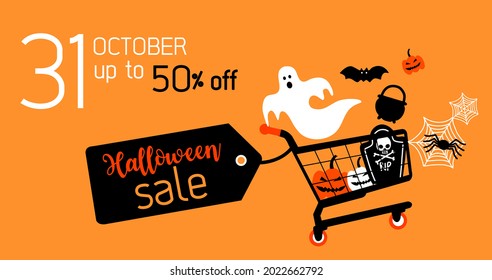 Halloween elements with ghost , bat , pumpkin, witch pot , spider and web hand drawn for shopping banner