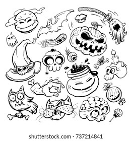 Halloween elements graphics ink collection - pumpkin, witch hat, owl, cat, etc. Hand drawn illustration