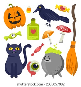 Halloween elements. Hand drawn flat collection. Vector illustration.