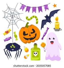 Halloween elements. Hand drawn flat collection. Vector illustration.