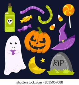 Halloween elements. Hand drawn flat collection. Vector illustration.