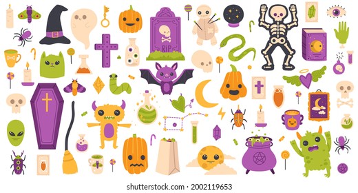 Halloween elements. Hand drawn halloween pumpkin, gravestone, ghost and bat isolated vector symbols set. Spooky halloween decoration icons. Pumpkin and halloween scary autumn elements illustration