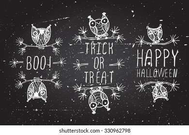 Halloween elements. Hand-sketched typographic element with cute little owls on chalkboard background.  Boo.  Happy halloween. Trick or treat 