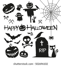 Halloween elements. Happy halloween vector illustration. Halloween pumpkin. Halloween cat. Halloween scarecrow. Halloween bats. Happy halloween text. Black halloween elements on white background.