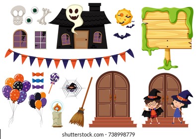 Halloween elements with haunted house and kids illustration