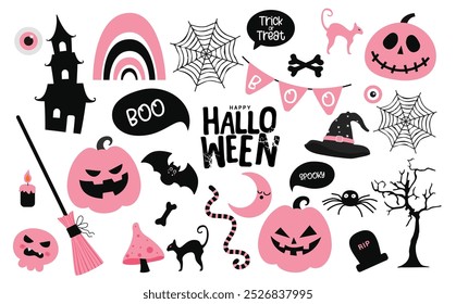 Diseño de conjunto de Vector de horror de Elementos de Halloween. Feliz Halloween con calabazas rosas y negras, sombrero de bruja, escoba, murciélago y castillo Elementos planos colección. Conjunto de iconos de truco o trato de Ilustración vectorial. 
