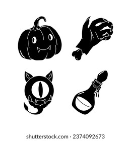 Halloween Elements icon Set. Cute cartoon spooky characters. Hand drawn trendy illustration.