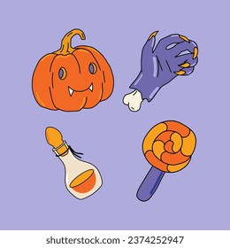 Halloween Elements icon Set. Cute cartoon spooky characters. Hand drawn trendy illustration.