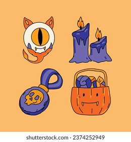 Halloween Elements icon Set. Cute cartoon spooky characters. Hand drawn trendy illustration.