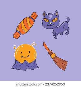 Halloween Elements icon Set. Cute cartoon spooky characters. Hand drawn trendy illustration.
