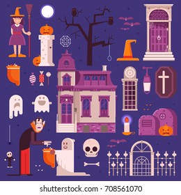 Halloween elements and icons set. Including trick or treat kids, cartoon vampire, old ghost house, haunted graveyard, pumpkin, skull, witch hat and other traditional halloween symbols.