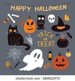 Halloween elements and icons set. Vector flat cartoon illustration