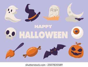 Halloween Elements Illustration Vector _ pumpkins, skull , eye, candy, bat, moon, cloud, ghost and many more