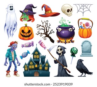 Halloween elements including zombie, witch, grim reaper, pumpkin, and haunted objects. Vector cartoon illustration