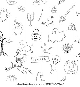 Halloween elements isolated on white background. Pumpkin, ghost, haunted house, magic, candy, witches cauldron, broomstick, hat, skull, tree and other. Seamless pattern hand drawn black doodle.