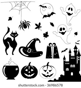 Halloween elements - Jack O' Lantern, bat, black cat, full moon, castle, spider, web, leaves, spooky, gift and witch's hat.