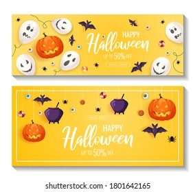 Halloween elements lying or hanging on the yellow background. Halloween banners. Vector illustration.