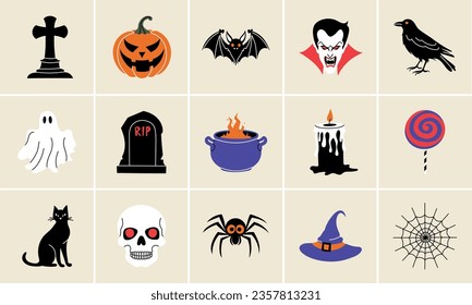 Halloween elements in modern flat, line style. Hand drawn vector illustration: pumpkin, bat, vampire, crow, ghost, grave, candle, 
lollipop, spider, web, black cat, skull, cross, cauldron, witch hat. 