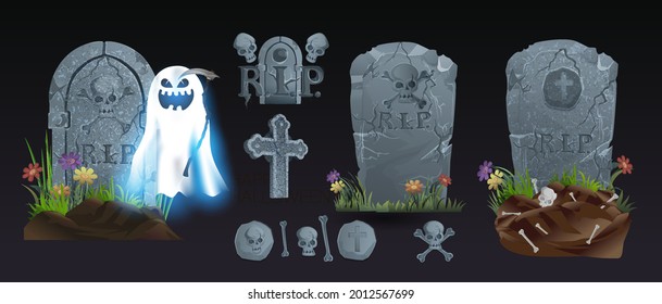 Halloween Elements and Objects for Design Projects. tombstones for Halloween. Ancient RIP. Grave on a black background