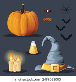 Halloween elements on dark background. Hand drawn, not AI.