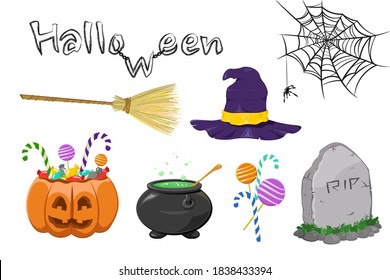 Halloween elements on white background. Pumpkin, spider, witch hat, lettering and cartoons for Halloween, candies, candals, rip. Spooky elements for the holiday. Vector illustration
