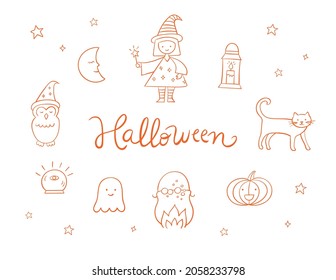Halloween elements in orange outline, featuring costumes, a witch, a magic wand, a cat, a pumpkin, a moon, a cauldron, a ghost, an owl, a lantern, a magic ball, and stars