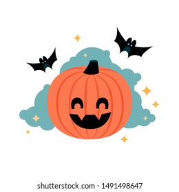 Halloween elements pumpkin and bats on white background.