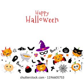 Halloween elements with pumpkin character design. Illustration isolated on white background. Happy Halloween concept for poster, banner, greeting card, invitation.