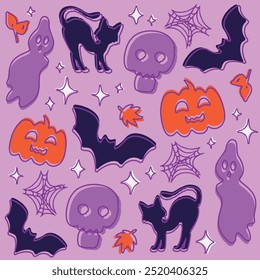 Halloween elements - pumpkin, ghost, cat, bones, skull, bat and witch. A set for celebrating Halloween. Halloween card, Halloween pattern. Vector illustration