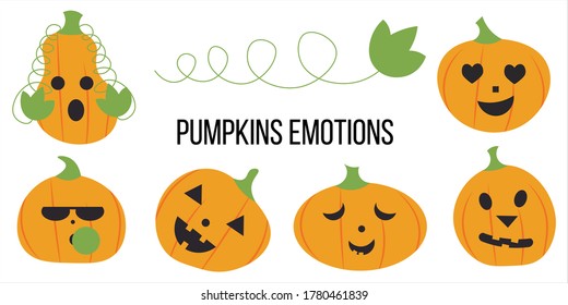 Halloween elements. Pumpkin head with different emotions. Set of icon, sticker and smiles.  Spooky creepy pumpkins in flat style