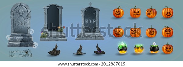 Halloween Elements pumpkin set and Objects for\
Design Projects. tombstones for Halloween. Ancient RIP. Grave on a\
dark background
