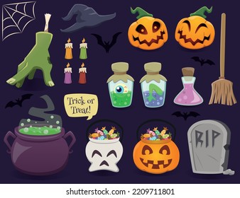 Halloween elements, pumpkins, witch hat, potions, frog leg, eye, witch's cauldron, candles, pumpkin buckets, skull buckets, tombstone, broom, zombie hand and spiderweb.

