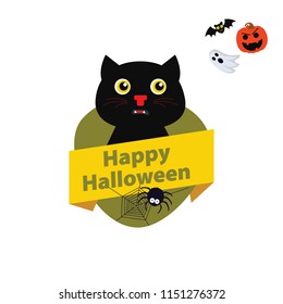Halloween elements. Scary black cat, angry pumpkin, ghost and bat. Happy Halloween. Vector illustration in cartoon style. Flat design.
