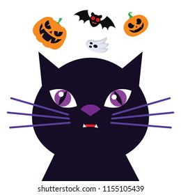 Halloween elements. Scary black cat, angry pumpkins, ghost and bat. Happy Halloween. Vector illustration in cartoon style. Flat design.
