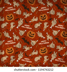 Halloween elements seamless pattern with animals hands smiling lanterns of jack on textured red background vector illustration